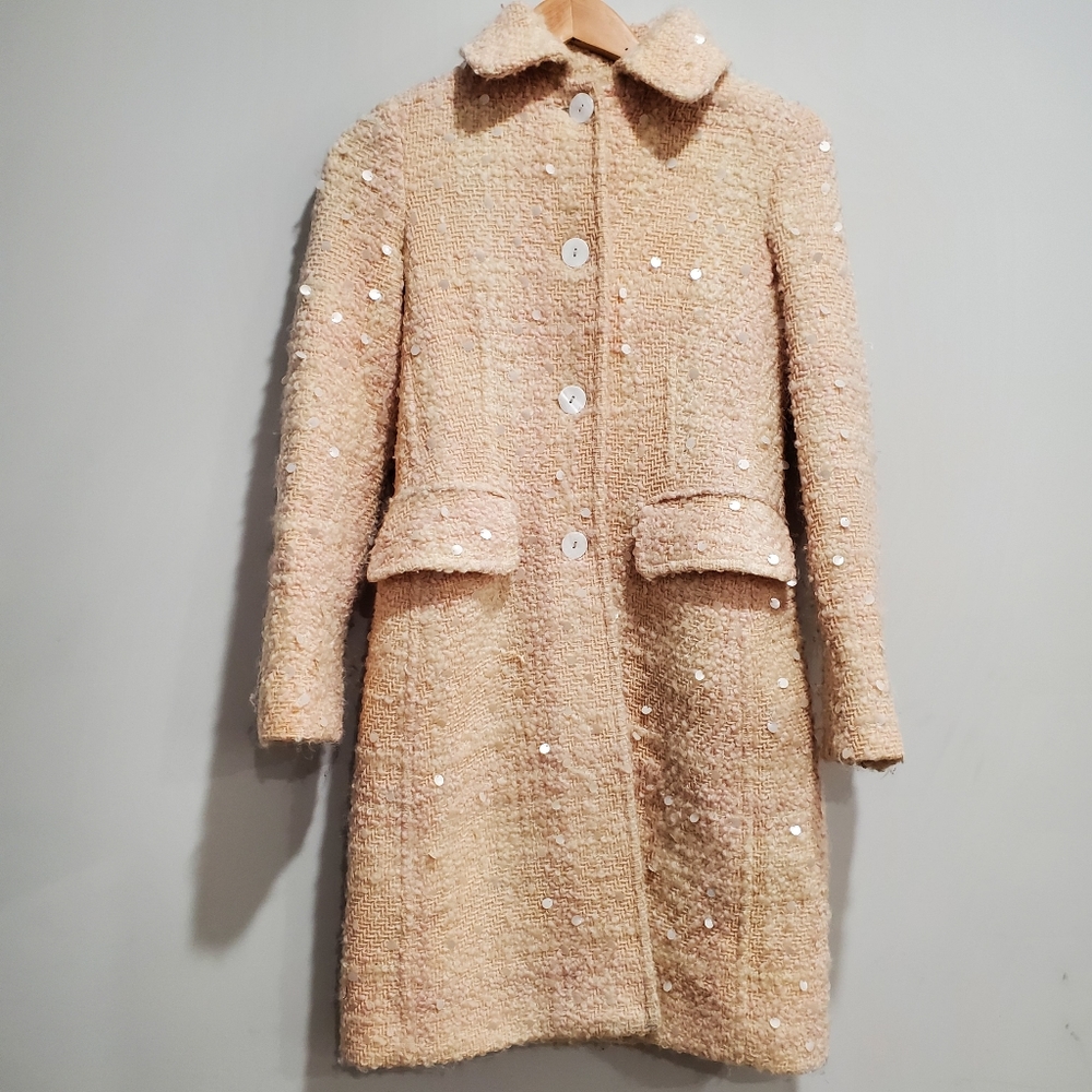 Vintage Banana Republic Pink Tweed Trench Coat With Sequins